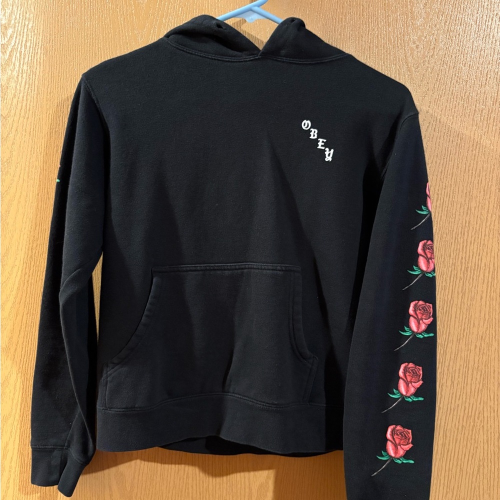 Obey Black Hoodie with Rose Sleeve Design